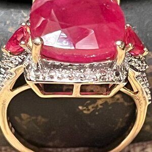 Square Cushion Cut 9 Carat Ruby with Trillions/10K Yellow Gold/Accent Diamonds
